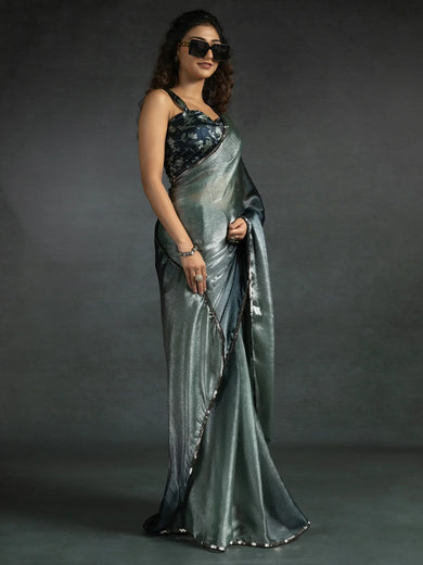 Astonishing Grey Border Work Satin Party Wear Pre-Stitched Saree